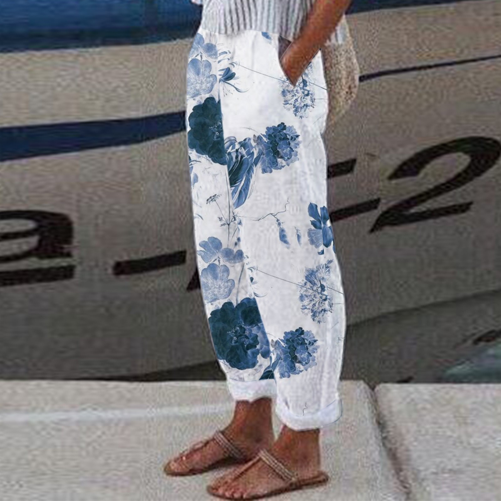 Fulijie Womens Pants,Women Pants With Pockets Casual High Waist Print Cotton Loose Long Straight